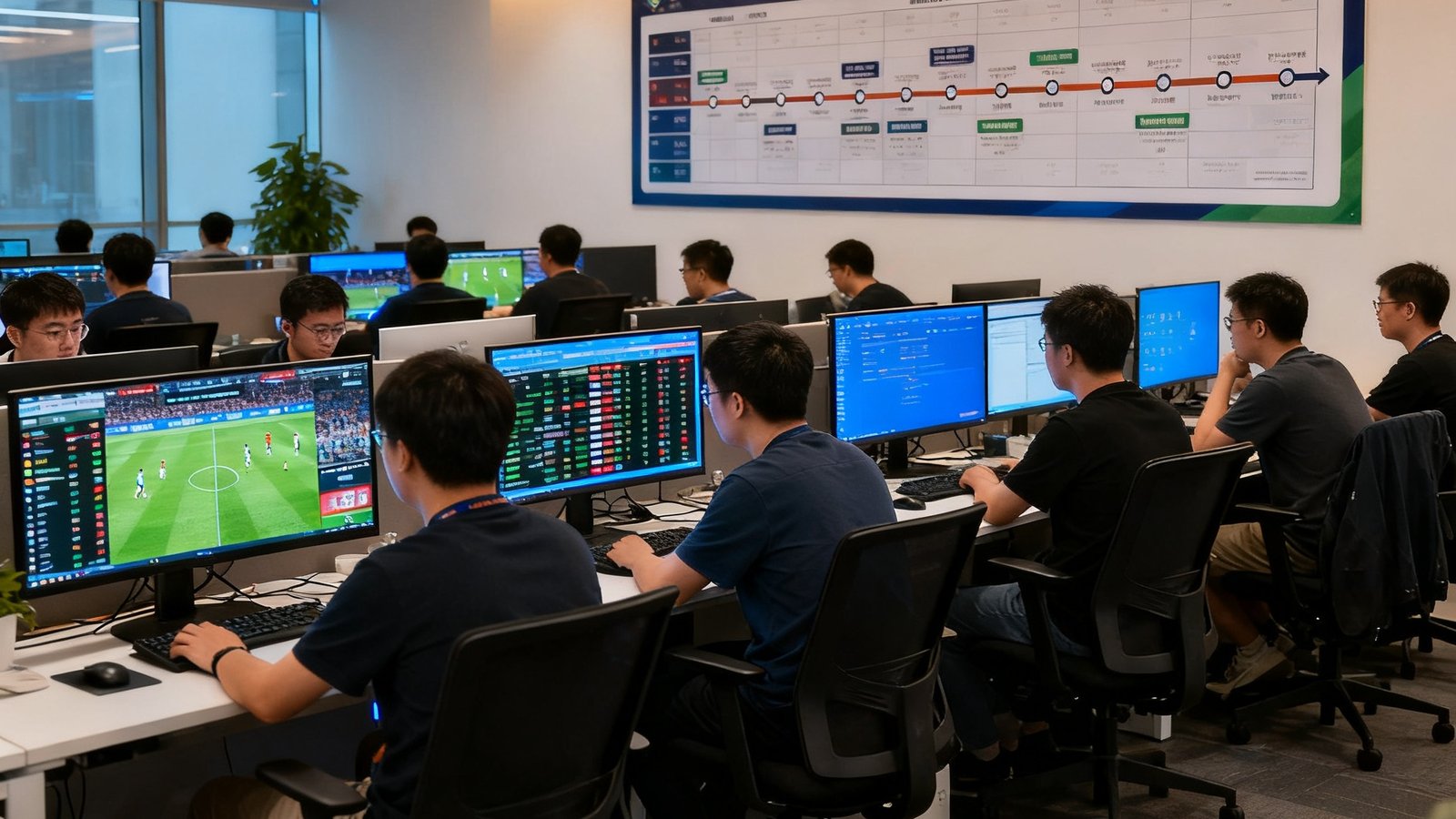 90分钟足球网广州研发中心办公场景，开放式工位上数十位工程师专注地盯着多块屏幕上的足球数据流，墙上挂着大型赛事时间轴海报。